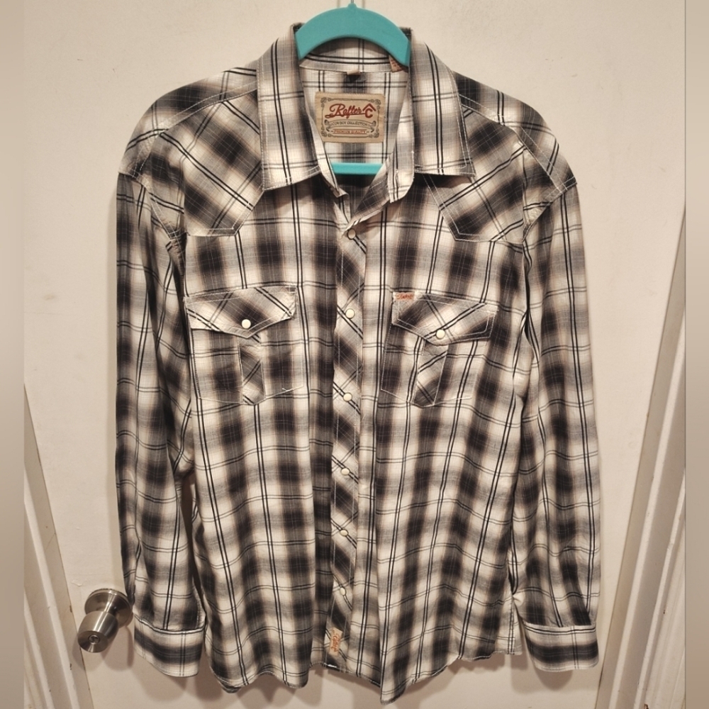 Rafter C Mens Gray Plaid Pearl Snap Cowboy Western Shirt Sz XL Rodeo Casual